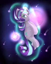 Size: 2000x2500 | Tagged: safe, artist:nihithebrony, derpibooru import, starlight glimmer, pony, unicorn, female, glowing, glowing horn, high res, horn, levitation, looking at you, magic, magic aura, mare, self-levitation, shooting star, smiling, smiling at you, solo, telekinesis