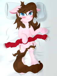 Size: 1600x2133 | Tagged: safe, artist:nihithebrony, derpibooru import, oc, oc only, oc:amelia, pegasus, pony, bed, blushing, body pillow, body pillow design, female, lying down, messy hair, on back, pegasus oc, solo