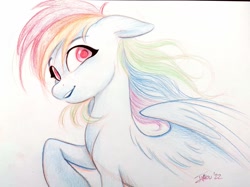 Size: 1715x1286 | Tagged: safe, artist:imalou, derpibooru import, rainbow dash, pegasus, pony, colored pencil drawing, commission, ears, floppy ears, solo, traditional art, windswept mane