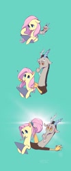 Size: 856x2048 | Tagged: safe, artist:ahchun, derpibooru import, discord, fluttershy, draconequus, pegasus, pony, the last problem, comic, cute, exclamation point, female, green background, hairdresser, long hair, male, mouth hold, pencil, reading, simple background, story, teleportation