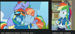 Size: 581x262 | Tagged: safe, derpibooru import, edit, screencap, bow hothoof, rainbow dash, windy whistles, pegasus, pony, equestria girls, google images, hug