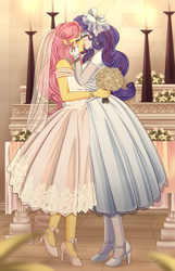 Size: 2900x4500 | Tagged: safe, artist:lucy-tan, derpibooru import, fluttershy, rarity, equestria girls, alternate hairstyle, blushing, bracelet, clothes, commission, cute, dress, duo, ear piercing, earring, eyes closed, eyeshadow, female, flarity, flower, french kiss, gloves, high heels, hug, jewelry, kissing, lesbian, lipstick, makeup, marriage, piercing, raribetes, shipping, shoes, shyabetes, wedding, wedding dress, wedding veil