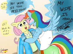 Size: 2016x1512 | Tagged: safe, artist:umbreonvevo, derpibooru import, fluttershy, rainbow dash, anthro, pegasus, comic, cute, female, flutterdash, lesbian, shipping, shyabetes