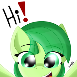 Size: 1400x1400 | Tagged: safe, artist:moonlightatlm, derpibooru import, oc, oc only, oc:midori melon, pony, cute, exclamation point, female, open mouth, simple background, solo, white background