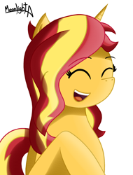 Size: 1280x1683 | Tagged: safe, artist:moonlightatlm, derpibooru import, sunset shimmer, pony, unicorn, eyes closed, female, open mouth, simple background, white background