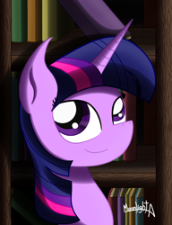 Size: 1596x2079 | Tagged: safe, artist:moonlightatlm, derpibooru import, twilight sparkle, pony, book, bookshelf, bust, female, smiling, solo