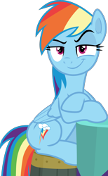 Size: 2000x3240 | Tagged: safe, artist:frownfactory, derpibooru import, rainbow dash, pegasus, pony, a trivial pursuit, crossed arms, female, grin, mare, raised eyebrow, simple background, sitting, smiling, smug, solo, transparent background, vector