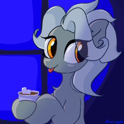 Size: 1200x1200 | Tagged: safe, artist:memengla, derpibooru import, oc, oc only, oc:silver needles, earth pony, pony, chest fluff, cup, earth pony oc, eye clipping through hair, female, free art, hoof hold, hot chocolate, mare, marshmallow, solo, tongue, tongue out