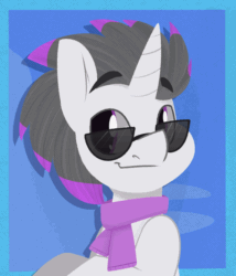 Size: 1200x1400 | Tagged: safe, artist:modularpon, derpibooru import, oc, oc only, oc:haze rad, pony, unicorn, accessories, animated, blinking, bust, clothes, commissioner:biohazard, cute, ear twitch, eyebrows, floating eyebrows, gif, glasses, grin, head tilt, highlights, horn, looking at you, loop, male, ocbetes, one eye closed, palindrome get, perfect loop, purple eyes, scarf, simple background, smiling, solo, stallion, sunglasses, two toned mane, unicorn oc, wink, winking at you
