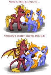 Size: 794x1150 | Tagged: safe, artist:pingwinowa, derpibooru import, oc, oc only, oc:prince baltic, oc:princess pomerania, earth pony, pegasus, pony, angry, bat wings, colored wings, leonine tail, poland, polish, simple background, tail, translation request, transparent background, two toned wings, wings