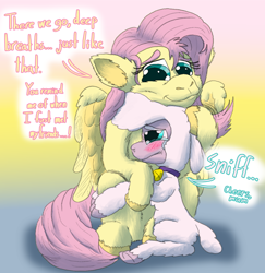 Size: 1132x1164 | Tagged: safe, artist:firefanatic, derpibooru import, fluttershy, pom lamb, lamb, pegasus, pony, sheep, them's fightin' herds, comforting, community related, crying, dialogue, duo, female, fluffy, hug