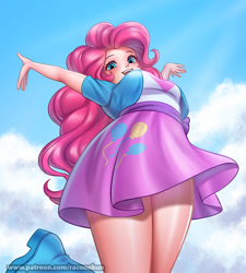 Size: 1000x1113 | Tagged: safe, artist:racoonsan, derpibooru import, pinkie pie, human, equestria girls, boots, breasts, clothes, female, humanized, looking down, open mouth, shoes, skirt, sky, solo, upskirt