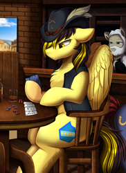 Size: 2550x3509 | Tagged: safe, artist:pridark, derpibooru import, oc, oc only, pegasus, pony, alcohol, bar, bartender, beverage, bottle, chair, clothes, commission, cutie mark, glass, hat, high res, male, pegasus oc, sitting, solo focus, stallion, table, tavern, vest, western