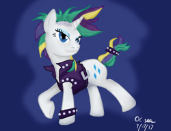 Size: 1024x781 | Tagged: safe, artist:adhiguna, artist:johnathon-matthews, derpibooru import, rarity, pony, unicorn, alternate hairstyle, bracelet, clothes, female, jewelry, mare, old art, punk, raripunk, signature, solo, vest