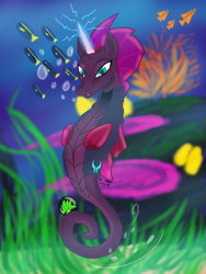 Size: 2121x2828 | Tagged: safe, artist:adhiguna, artist:johnathon-matthews, derpibooru import, tempest shadow, fish, hippocampus, merpony, sea pony, seahorse, unicorn, amputee, bubble, coral, fins, horn, kelp, old art, prosthetic horn, prosthetics, seaponified, seapony tempest shadow, seaweed, shell, species swap, tempest gets her horn back, underwater