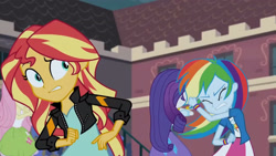 Size: 3410x1920 | Tagged: safe, derpibooru import, screencap, fluttershy, rainbow dash, rarity, sunset shimmer, equestria girls, friendship games, bracelet, canterlot high, clothes, cutie mark on clothes, eyes closed, female, high res, jacket, jewelry, leather, leather jacket