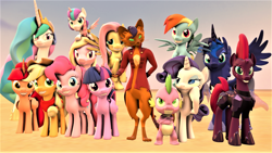 Size: 1920x1080 | Tagged: safe, artist:adhiguna, artist:johnathon-matthews, derpibooru import, applejack, capper dapperpaws, fluttershy, pinkie pie, princess cadance, princess celestia, princess flurry heart, princess luna, rainbow dash, rarity, spike, tempest shadow, twilight sparkle, twilight sparkle (alicorn), oc, oc:khunis jirall, abyssinian, alicorn, dragon, earth pony, pegasus, pony, unicorn, 3d, alicorn oc, desert, deviantart watermark, female, filly, filly flurry heart, foal, horn, male, mane seven, mane six, mare, obtrusive watermark, source filmmaker, watermark, wings