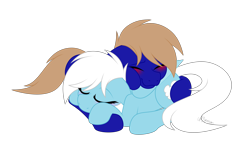 Size: 4262x2520 | Tagged: safe, artist:feather_bloom, derpibooru import, oc, oc:blue_skies, oc:feather_bloom, earth pony, pegasus, pony, blushing, butt touch, couple, cuddling, cute, earth pony oc, happy, holding each other, hoof on butt, in love, oc x oc, pegasus oc, shipping, simple background, sleeping, transparent background