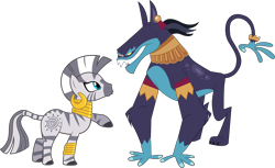 Size: 9172x5602 | Tagged: safe, artist:cloudyskie, artist:dashiesparkle, derpibooru import, edit, ahuizotl, zecora, ahuizotl (species), pony, zebra, filli vanilli, read it and weep, .svg available, absurd resolution, ahuizecora, female, interspecies, male, raised hoof, raised leg, shipping, simple background, straight, transparent background, vector