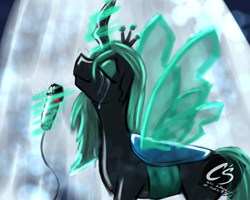 Size: 1000x800 | Tagged: safe, artist:adhiguna, artist:johnathon-matthews, derpibooru import, queen chrysalis, changeling, changeling queen, crying, female, microphone, obtrusive watermark, old art, solo, spotlight, watermark