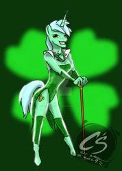 Size: 1024x1442 | Tagged: safe, artist:adhiguna, artist:johnathon-matthews, derpibooru import, lyra heartstrings, anthro, unicorn, cane, clothes, deviantart watermark, holiday, leotard, obtrusive watermark, old art, saint patrick's day, solo, watermark