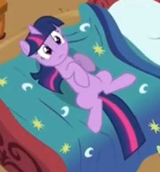 Size: 251x270 | Tagged: safe, derpibooru import, screencap, twilight sparkle, unicorn twilight, pony, unicorn, lesson zero, bed, cropped, golden oaks library, lying down, on back, on bed, solo