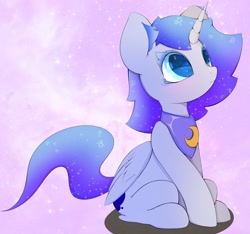 Size: 3200x3000 | Tagged: safe, artist:zokkili, derpibooru import, princess luna, alicorn, pony, cute, ethereal mane, female, filly, foal, horn, lunabetes, sitting, solo, starry eyes, stars, wingding eyes, wings, woona, younger