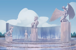 Size: 3838x2500 | Tagged: safe, artist:littlepolly, derpibooru import, alicorn, earth pony, human, unicorn, fountain, statue