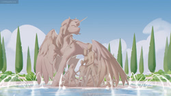 Size: 3911x2200 | Tagged: safe, artist:littlepolly, derpibooru import, alicorn, human, fountain, statue