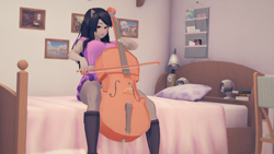 Size: 3840x2160 | Tagged: safe, artist:jalias3d, derpibooru import, octavia melody, human, 3d, bed, bedroom, boots, bow (instrument), breasts, cello, cello bow, clothes, dress, eared humanization, humanized, koikatsu, musical instrument, orbtavia, pantyhose, shoes