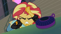 Size: 3410x1920 | Tagged: safe, derpibooru import, screencap, sunset shimmer, equestria girls, friendship games, canterlot high, clothes, eyes closed, female, high res, jacket, leather, leather jacket, magic capture device, solo