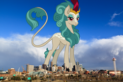 Size: 2100x1400 | Tagged: safe, artist:dragonchaser123, artist:thegiantponyfan, derpibooru import, rain shine, kirin, pony, colorado, denver, female, giant kirin, giant rain shine, giantess, highrise ponies, irl, leonine tail, macro, mega giant, photo, ponies in real life, standing, story included, tail