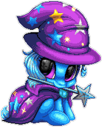 Size: 1026x1278 | Tagged: safe, artist:dasheroni, artist:pridark, derpibooru import, trixie, pony, unicorn, big eyes, cape, clothes, cute, female, filly, foal, hat, manepxls, mouth hold, pixel art, pxls.space, simple background, sitting, solo, transparent background, trixie's cape, trixie's hat, wand