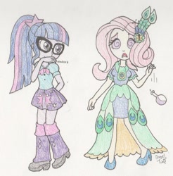 Size: 878x893 | Tagged: safe, artist:bageloftime, derpibooru import, fluttershy, sci-twi, twilight sparkle, equestria girls, clothes, dress, duo, female, gala dress, gown, mind control, potion, prank, swirly eyes, traditional art