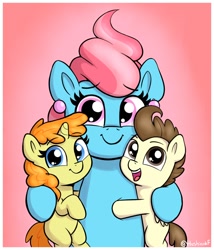 Size: 1146x1340 | Tagged: safe, artist:heretichesh, derpibooru import, cup cake, pound cake, pumpkin cake, earth pony, pegasus, pony, unicorn, colt, cute, female, filly, foal, gradient background, group hug, hug, looking at you, male, mare, mother and child, older, older pound cake, older pumpkin cake, open mouth, open smile, parent and child, smiling, smiling at you, trio