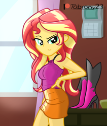 Size: 954x1130 | Tagged: safe, artist:tabrony23, derpibooru import, sunset shimmer, equestria girls, annoyed, bare shoulders, bedroom eyes, boots, breasts, clothes, confused, female, high heel boots, looking at you, patreon, patreon exclusive, patreon logo, sexy, shoes, show accurate, skirt, sleeveless, solo, stupid sexy sunset shimmer, sunset jiggler, window