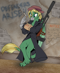 Size: 1470x1800 | Tagged: safe, artist:redahfuhrerking, derpibooru import, oc, oc:arcturus aquila, griffon, fallout equestria, assault rifle, cigarette, gun, pipbuck, rifle, solo, weapon