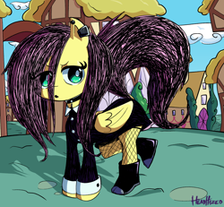 Size: 2162x2000 | Tagged: safe, artist:headhazed, derpibooru import, fluttershy, pegasus, pony, anatomically incorrect, cloud, day, dock, ear piercing, eye clipping through hair, eyebrows, eyebrows visible through hair, eyelashes, feathered wings, female, folded wings, goth, hoof shoes, mare, outdoors, piercing, ponyville, pouting, raised tail, sky, solo, tail, wings