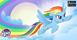 Size: 1200x630 | Tagged: safe, derpibooru import, rainbow dash, pegasus, pony, facebook, flying, gameloft, my little pony logo, official, rainbow trail, solo