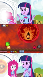 Size: 1024x1823 | Tagged: safe, derpibooru import, edit, edited screencap, screencap, pinkie pie, twilight sparkle, twilight sparkle (alicorn), alicorn, better together, equestria girls, rainbow rocks, dark mind, exploitable meme, eyeball, human world, kirby, kirby (series), kirby and the amazing mirror, kirby pie, meme, mirror, nintendo, ominous, pinkie sticks her face into the portal meme, portal, this will not end well