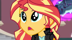 Size: 3410x1920 | Tagged: safe, derpibooru import, screencap, sunset shimmer, equestria girls, friendship games, canterlot high, clothes, female, high res, jacket, leather, leather jacket, open mouth, solo