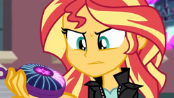 Size: 3410x1920 | Tagged: safe, derpibooru import, screencap, sunset shimmer, equestria girls, friendship games, canterlot high, clothes, female, high res, jacket, leather, leather jacket, magic capture device, solo