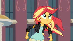 Size: 3410x1920 | Tagged: safe, derpibooru import, screencap, sunset shimmer, equestria girls, friendship games, canterlot high, clothes, female, high res, jacket, leather, leather jacket, magic capture device, solo