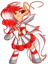 Size: 620x814 | Tagged: safe, derpibooru import, oc, oc only, oc:los hua, earth pony, pony, cloak, clothes, dress, female, looking at you, mare, simple background, smiling, socks, solo, standing, standing on one leg, sword, weapon, white background