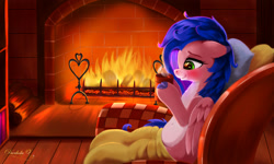 Size: 2000x1200 | Tagged: safe, artist:darksly, derpibooru import, oc, oc only, pegasus, pony, belly button, blanket, blushing, chair, cloven hooves, commission, ears, female, fire, fireplace, floppy ears, indoors, lidded eyes, mare, mug, pillow, sitting, smiling, solo, two toned coat