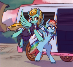 Size: 1200x1100 | Tagged: safe, artist:provolonepone, derpibooru import, lightning dust, rainbow dash, pegasus, pony, arm behind back, arrested, commission, duo, never doubt rainbowdash69's involvement, officer ld, police uniform, prisoner rd, van