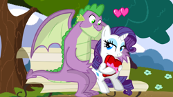 Size: 1280x720 | Tagged: safe, artist:mlplary6, derpibooru import, rarity, spike, dragon, pony, unicorn, bench, female, heart, looking at each other, male, mare, older, older spike, shipping, smiling, smiling at each other, sparity, straight
