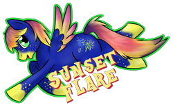 Size: 2830x1732 | Tagged: safe, artist:whipstitch, derpibooru import, oc, oc only, oc:sunset flare, pegasus, badge, cmyk, colored wings, flying, looking back, multicolored wings, pegasus oc, simple background, solo, transparent background, wings
