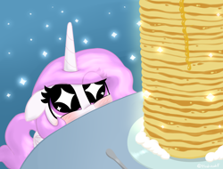 Size: 1738x1320 | Tagged: safe, artist:heretichesh, derpibooru import, princess celestia, alicorn, pony, amazed, big eyes, blushing, cewestia, colored lineart, cute, cutelestia, female, filly, foal, food, horn, pancakes, pink-mane celestia, plate, solo, sparkles, sparkly eyes, syrup, whipped cream, wingding eyes, wings, younger