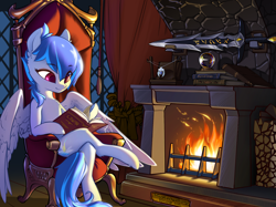 Size: 2732x2048 | Tagged: safe, artist:mustangbrony, derpibooru import, oc, oc only, pegasus, book, chair, fire, fireplace, pegasus oc, solo, sword, weapon, window